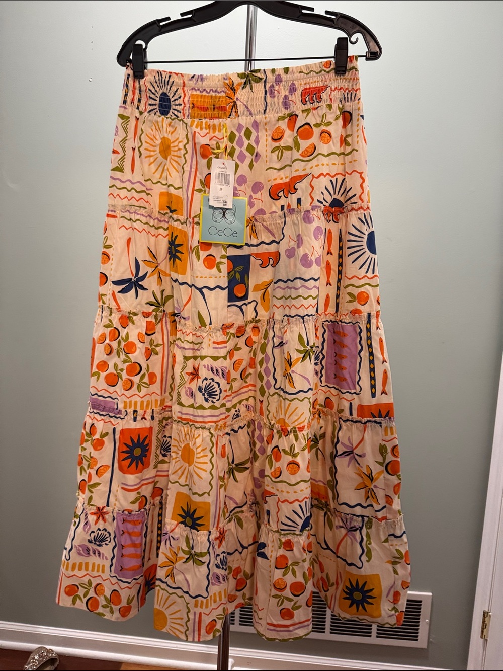 CeCe Cream Maxi Skirt with Orange, Purple & Blue Patchwork Print